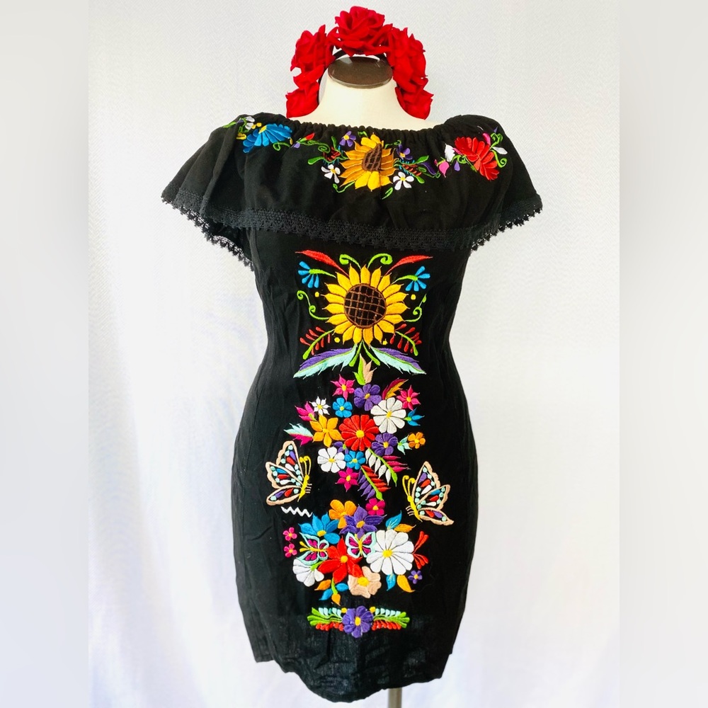 Off shoulder black embroidered dress